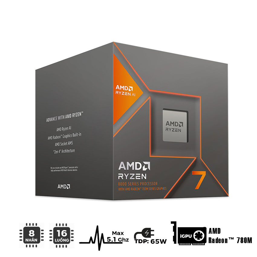 CPU AMD Ryzen 7 8700G (4.2GHz Upto 5.1GHz / 24MB / 8 Cores, 16 Threads / 65W / Socket AM5) - Chi tiết 1