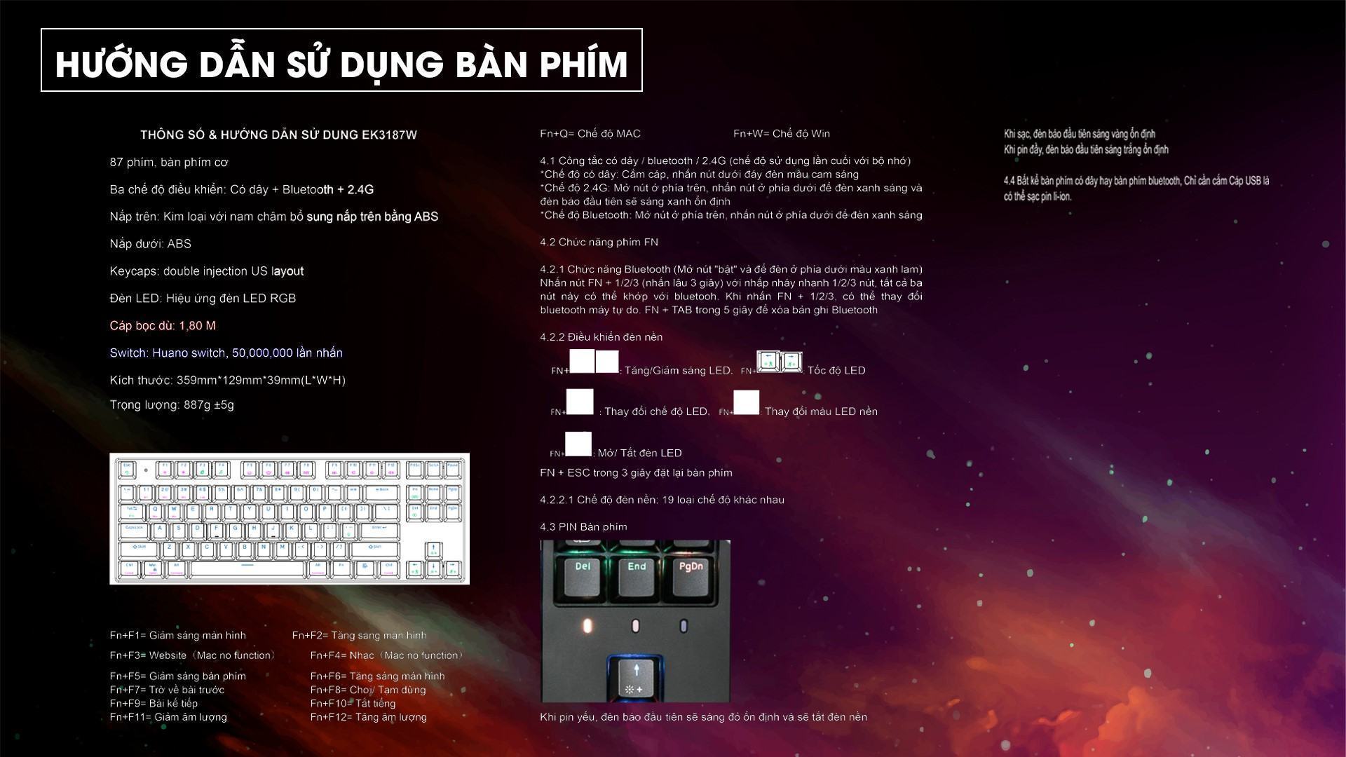 Bàn phím cơ không dây Edra EK3187W RGB Đen