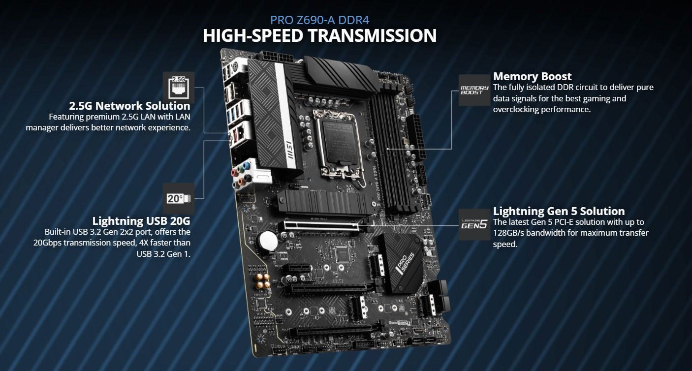 mainboardmsiproz690-aintelz690socket1700atx4kheramddr4-2 Mainboard MSI PRO Z690-A (Intel Z690, Socket 1700, ATX, 4 khe RAM DDR4)