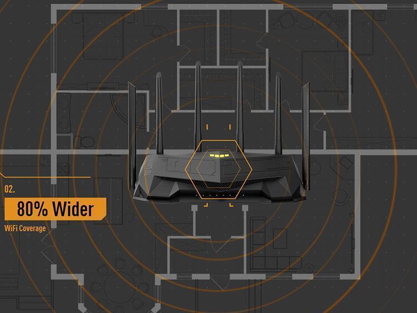 Chúng tôi đã thiết kế TUF Gaming AX6000 nhằm cung cấp cho bạn phạm vi phủ sóng WiFi rộng nhất có thể. Bộ phát sử dụng OFDMA, một công nghệ mới trong WiFi 6 cho phép tín hiệu truyền đi xa hơn so với WiFi 5. Với cấu hình 4x4 MIMO và các ăng-ten 2.4 GHz và 5 GHz riêng biệt để giảm nhiễu, cùng với các cải tiến khác như công nghệ beamforming, giúp tập trung tín hiệu đến từng thiết bị, Bộ phát ASUS TUF Gaming AX6000 có thể chạm đến mọi ngóc ngách nhà bạn.